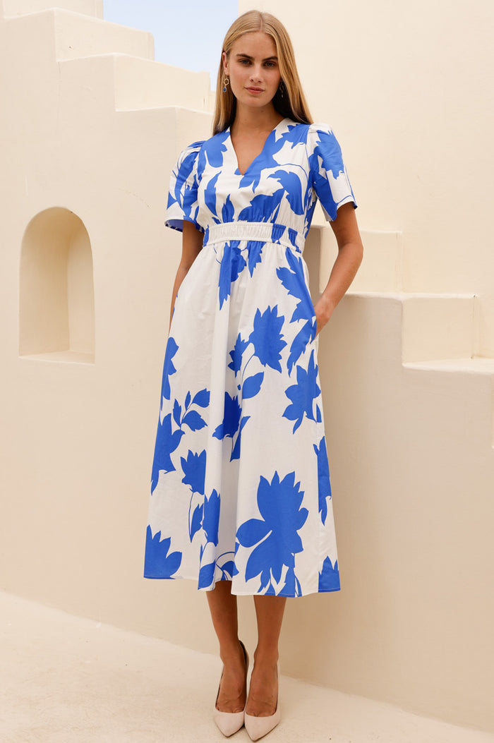 Elsa Printed Cotton Dress | Ivory/Cobalt - Aspiga