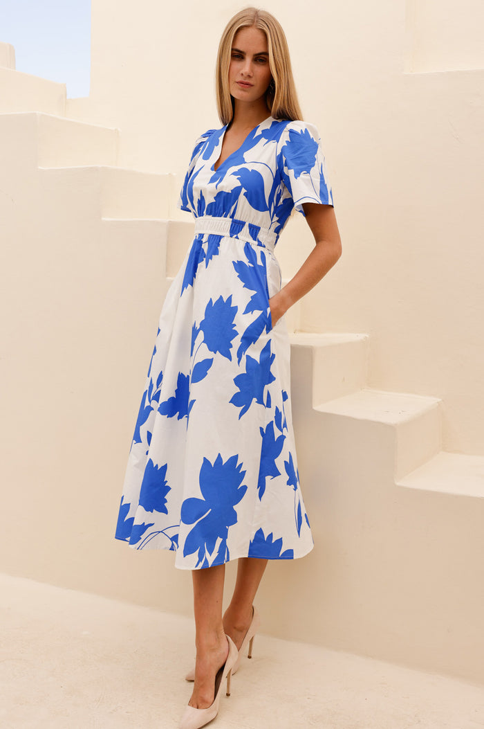 Elsa Printed Cotton Dress | Ivory/Cobalt - Aspiga