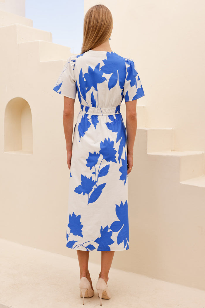 Elsa Printed Cotton Dress | Ivory/Cobalt - Aspiga