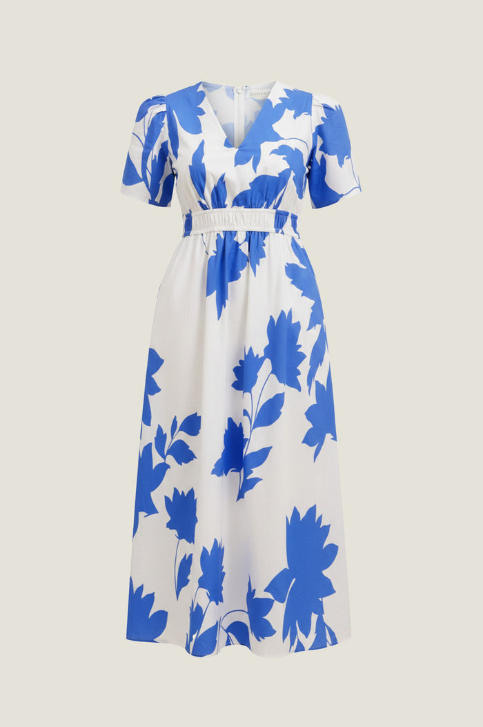 Elsa Printed Cotton Dress | Ivory/Cobalt - Aspiga
