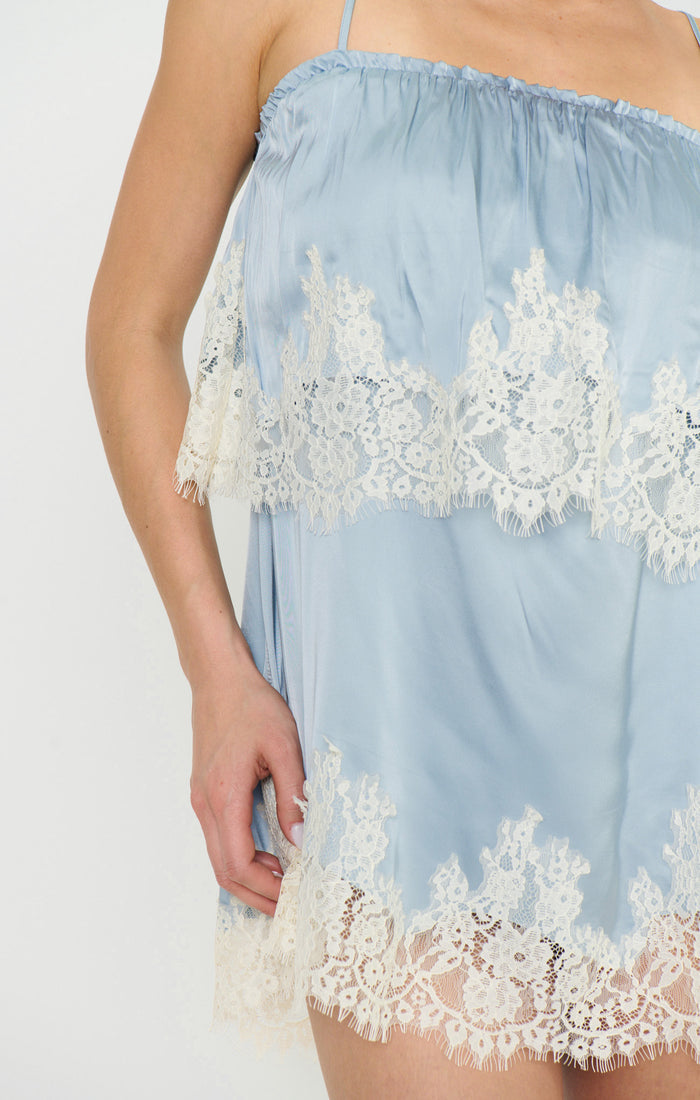 Emmylou Mini Dress ~ Blue Satin with Lace Trim