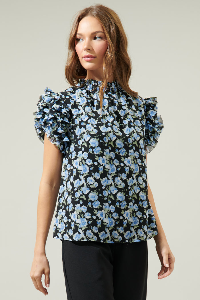 Endless Floral Mock Neck Ruffle Blouse