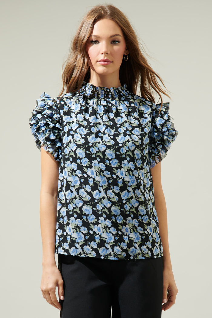 Endless Floral Mock Neck Ruffle Blouse