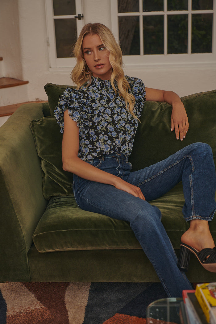 Endless Floral Mock Neck Ruffle Blouse