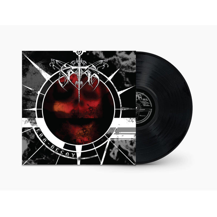 A vinyl record partially slides from its sleeve, which shows abstract black, white, and red circular artwork with a metallic logo at the top. The album title "Era Decay" by French black metal band Seth appears at the bottom.