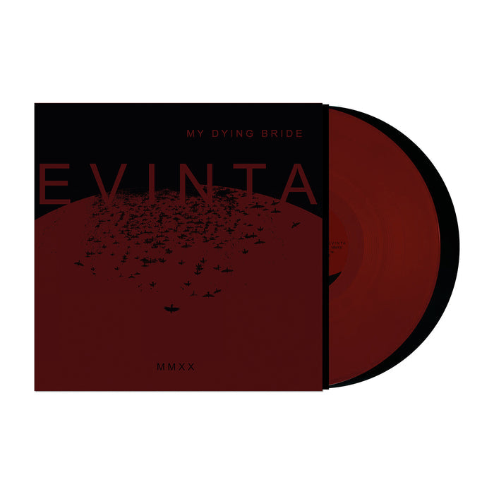 A My Dying Bride vinyl record, deep red and partially pulled from its sleeve, displays the EVINTA MMXX cover—dark red and black with an abstract pattern—hinting at a limited edition release.