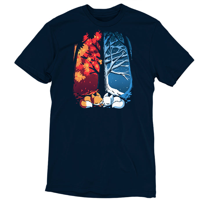 Premium Cotton T-shirt_TeeTurtle navy blue Fall & Winter Foxes apparel featuring an orange fox on the lefthand side, and a white fox on the righthand side with their cheeks touching in the middle, and a fall forest background on the left, and a winter forest background on the right.