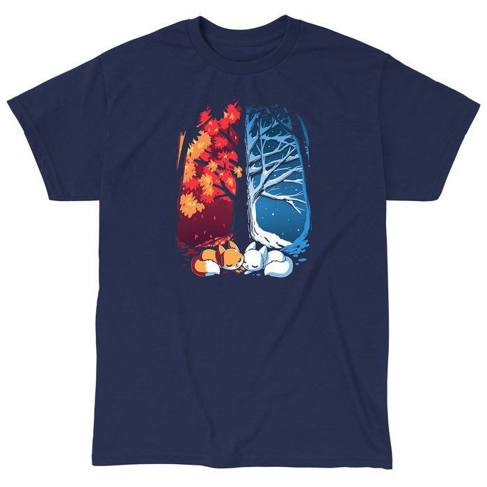Classic Cotton T-shirt_TeeTurtle navy blue Fall & Winter Foxes apparel featuring an orange fox on the lefthand side, and a white fox on the righthand side with their cheeks touching in the middle, and a fall forest background on the left, and a winter forest background on the right.