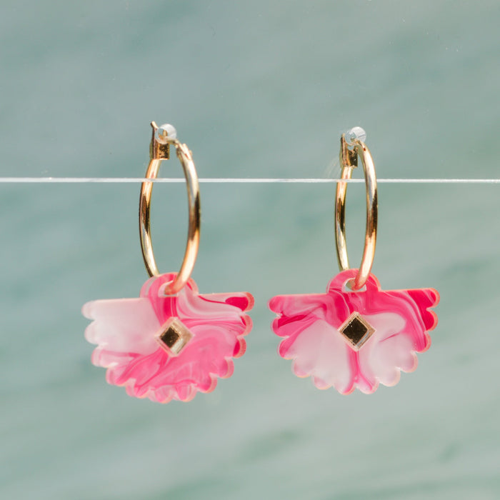 Fuchsia fan shaped drop earrings with mirror diamond centre and gold small hoop.