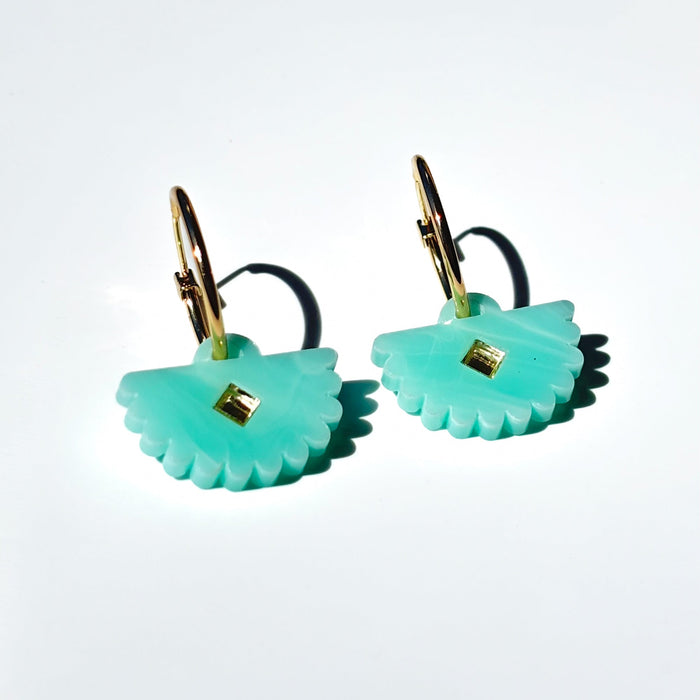 Light greenish blue acrylic in fan shaped earrings with mirror diamond centre on small hoops - ANNIE.G