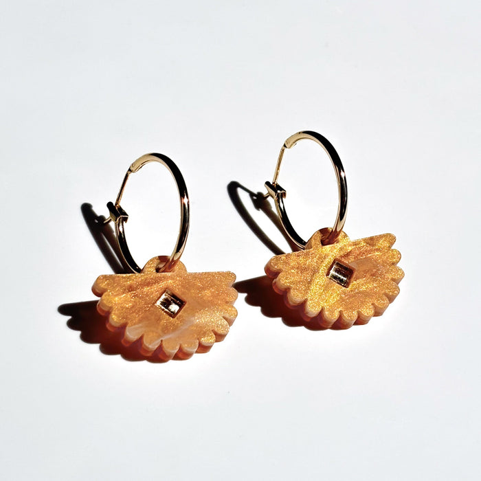 Light brown sparkly acrylic in fan shaped earrings with mirror diamond centre on small hoops - ANNIE.G