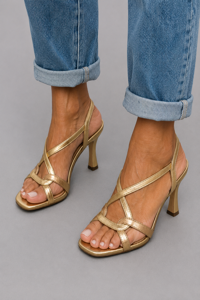 Faustine - Sandales femme dorées à talons avec lanières croisées