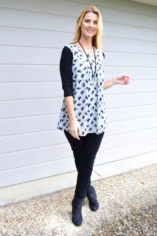 Fern leaf sleeveless fleece tunic top by Lilia Whispers, soft and cozy with a vibrant fern leaf pattern.