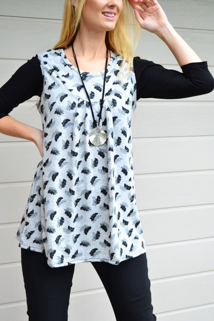 Lilia Whispers Fern Leaf Sleeveless Fleece Tunic Top, beige color, soft fleece fabric, sleeveless design, casual style.