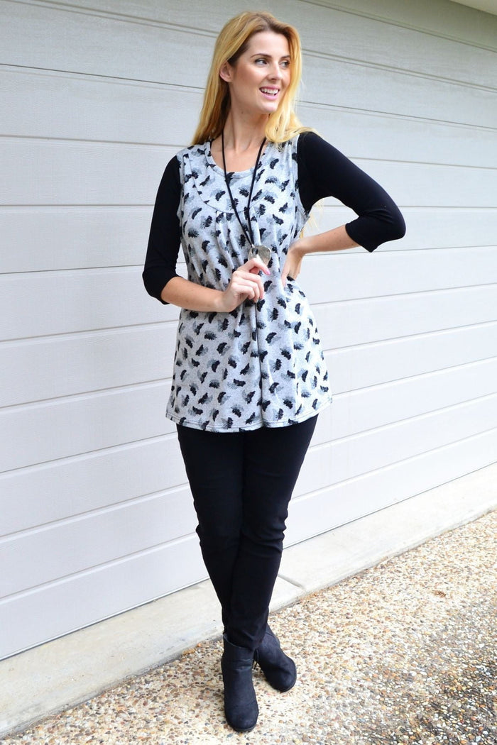 Lilia Whispers fern leaf sleeveless fleece tunic top in soft fabric, showcasing a relaxed fit and botanical print design.