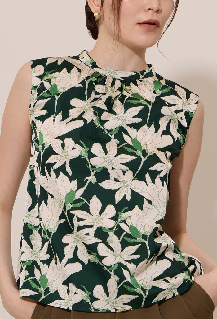 Floral Print Gathered Mock Neck Sleeveless Blouse