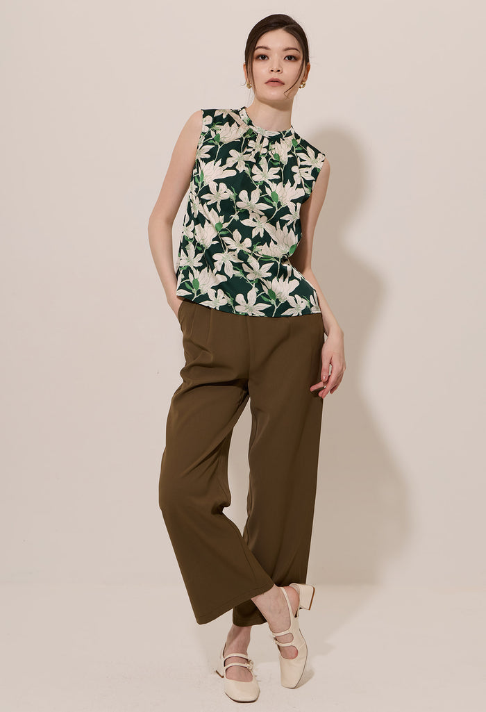 Floral Print Gathered Mock Neck Sleeveless Blouse