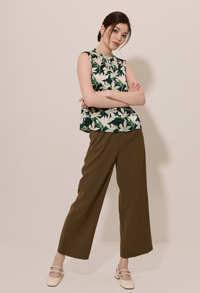 Floral Print Gathered Mock Neck Sleeveless Blouse