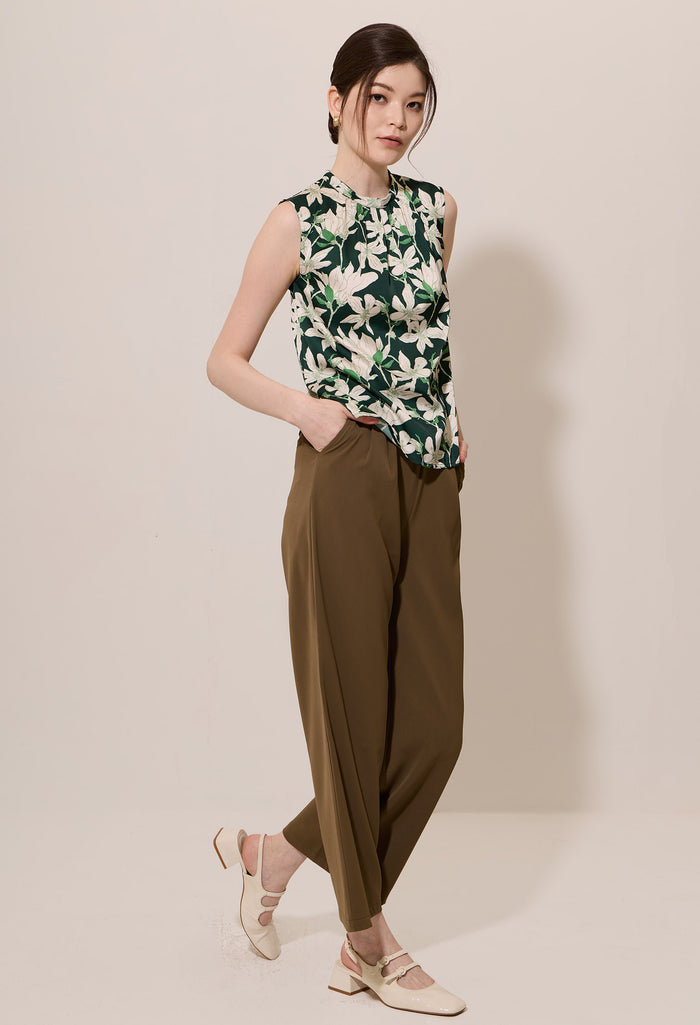 Floral Print Gathered Mock Neck Sleeveless Blouse