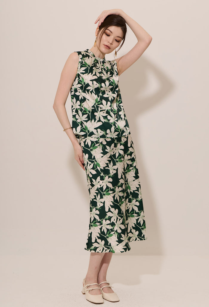 Floral Print Gathered Mock Neck Sleeveless Blouse