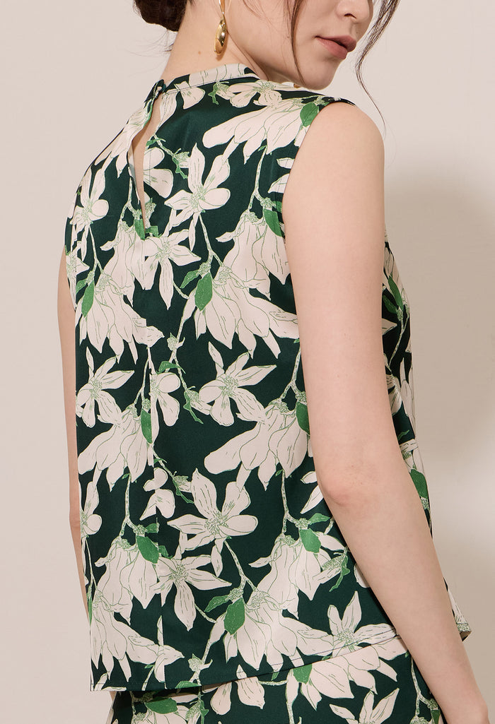 Floral Print Gathered Mock Neck Sleeveless Blouse