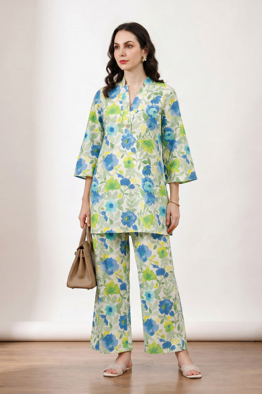 Floral Printed Cotton Flex Relaxed Fit Palazzo Loungewear Set