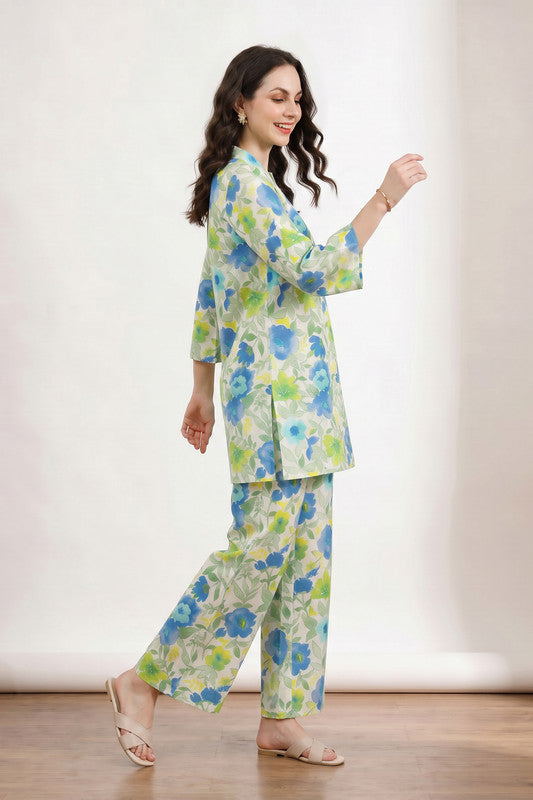 Floral Printed Cotton Flex Relaxed Fit Palazzo Loungewear Set