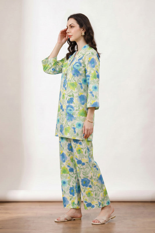 Floral Printed Cotton Flex Relaxed Fit Palazzo Loungewear Set