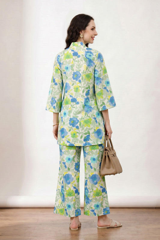 Floral Printed Cotton Flex Relaxed Fit Palazzo Loungewear Set