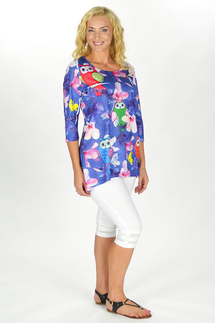 Fanny Lam floral and owl print tunic featuring colorful flowers and an owl design on soft fabric.