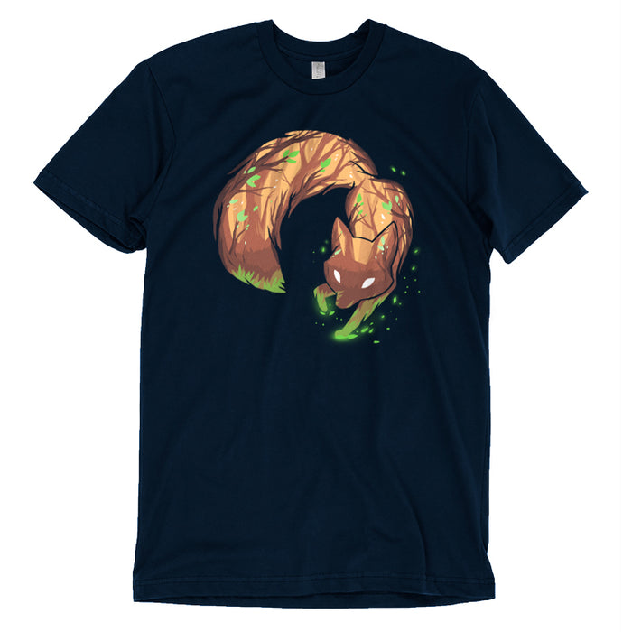 Premium Cotton T-shirt_TeeTurtle navy blue Forest Fox featuring an illustrated fox with tree bark texture and green leaves on its body, bending in a circular shape against a dark background with glowing green particles.