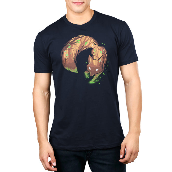 Premium Cotton T-shirt_TeeTurtle navy blue Forest Fox featuring an illustrated fox with tree bark texture and green leaves on its body, bending in a circular shape against a dark background with glowing green particles.