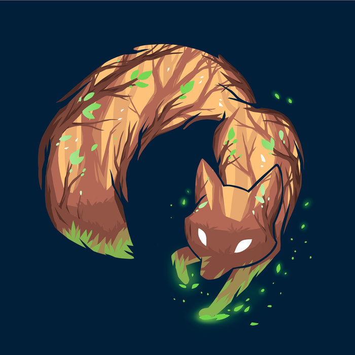Classic Cotton T-shirt_TeeTurtle navy blue Forest Fox featuring an illustrated fox with tree bark texture and green leaves on its body, bending in a circular shape against a dark background with glowing green particles.