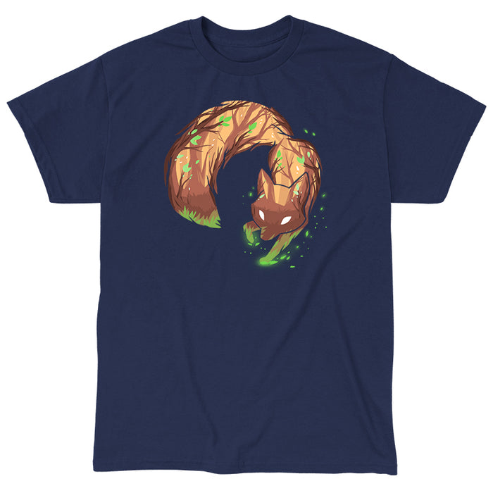 Classic Cotton T-shirt_TeeTurtle navy blue Forest Fox featuring an illustrated fox with tree bark texture and green leaves on its body, bending in a circular shape against a dark background with glowing green particles.