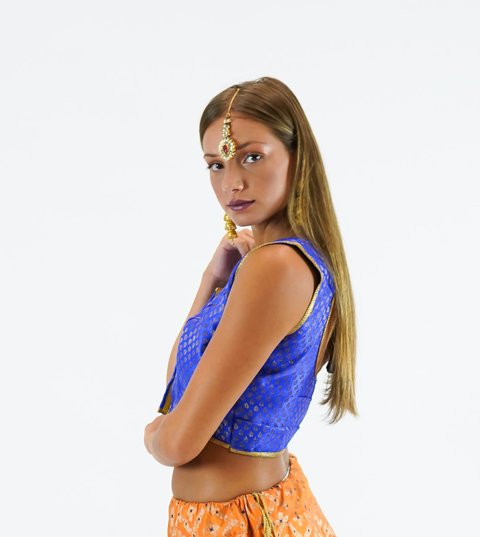 Formal Silk Brocade Azure Blue Crop Top