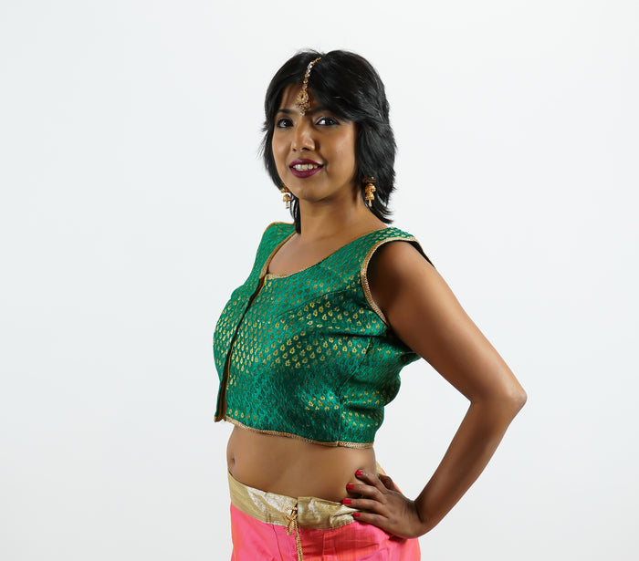 Formal Silk Brocade Forest Green Sleeveless Crop Top