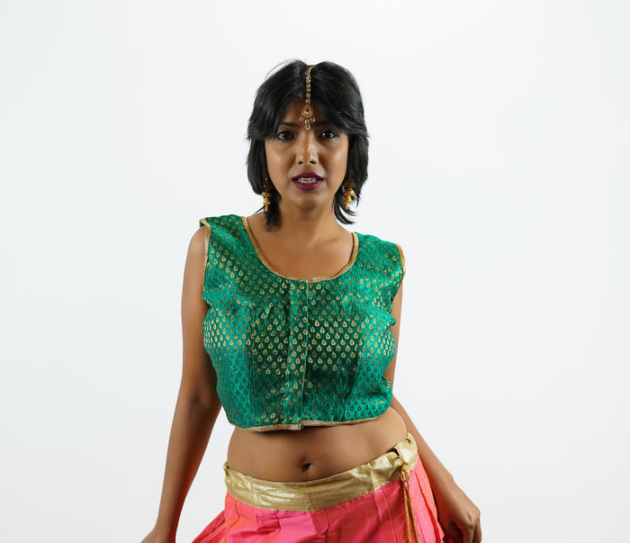 Formal Silk Brocade Forest Green Sleeveless Crop Top