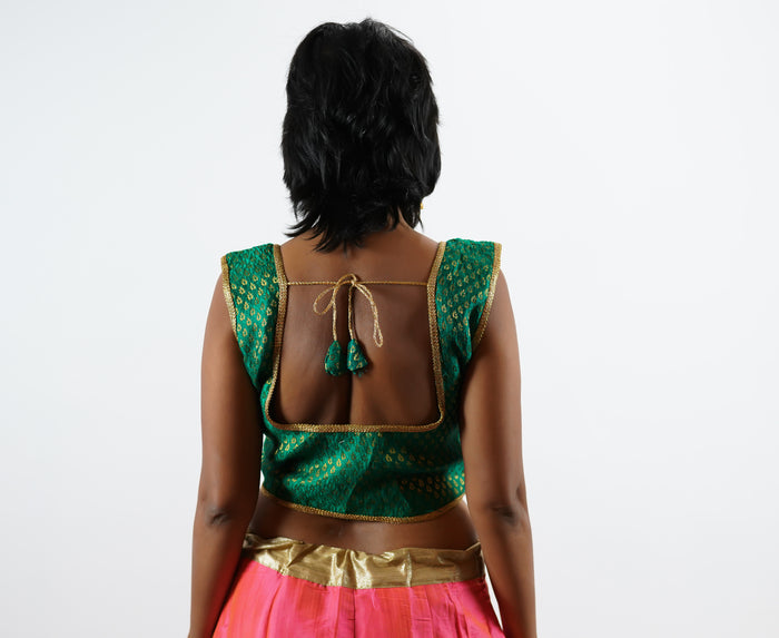Formal Silk Brocade Forest Green Sleeveless Crop Top