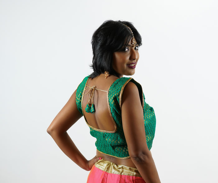 Formal Silk Brocade Forest Green Sleeveless Crop Top