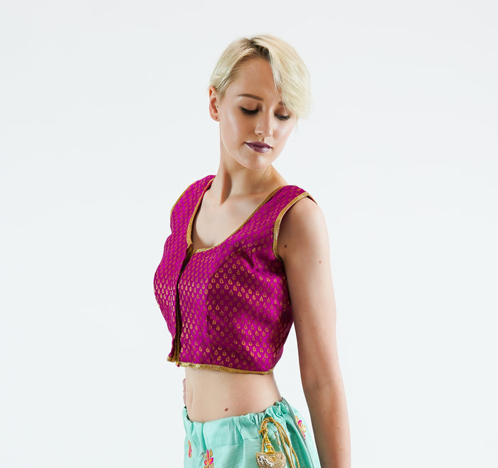 Formal Silk Brocade Magenta Pink Sleeveless Crop Top