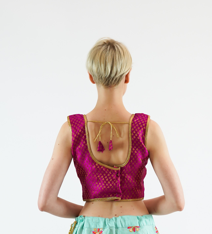 Formal Silk Brocade Magenta Pink Sleeveless Crop Top