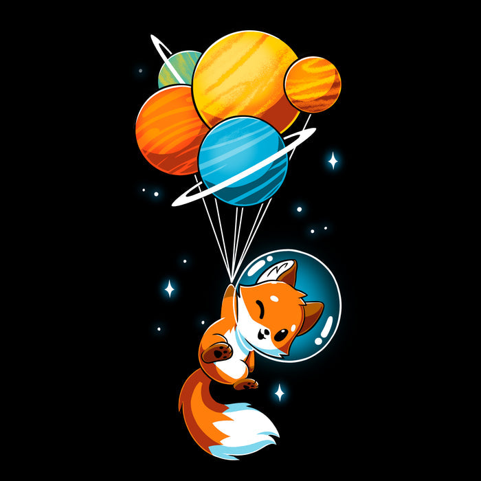 Premium Cotton T-shirt_TeeTurtle black Foxy Astronaut featuring a  cartoon fox in a space helmet is being lifted by balloons shaped like planets against a dark background.