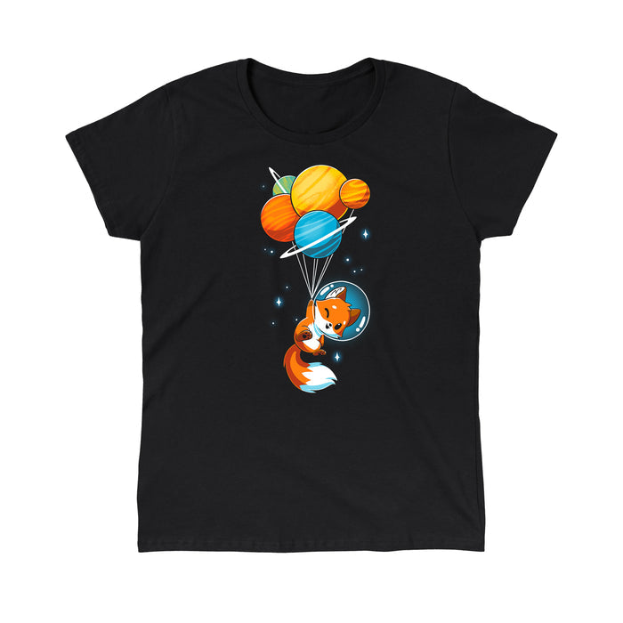 Classic Cotton T-shirt_TeeTurtle black Foxy Astronaut featuring a  cartoon fox in a space helmet is being lifted by balloons shaped like planets against a dark background.