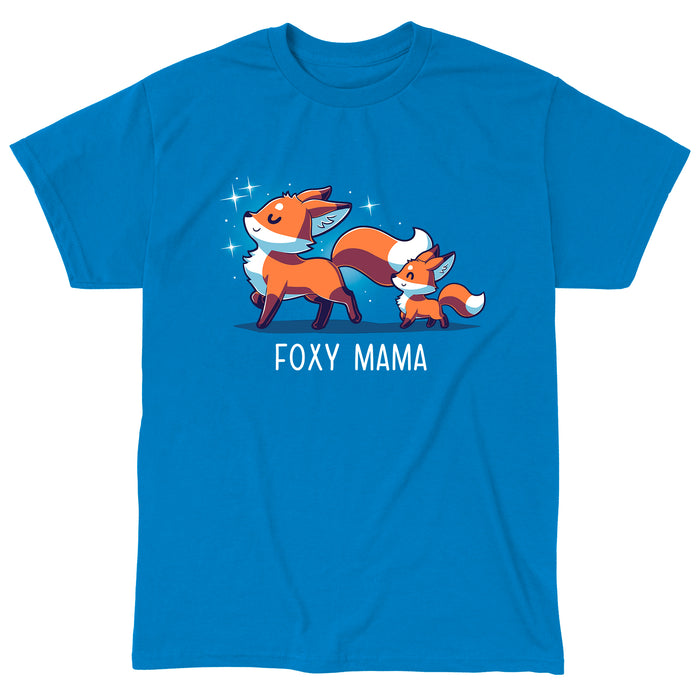 Classic Cotton T-shirt_TeeTurtle sapphire blue Foxy Mama apparel featuring a proud, smiling fox walking ahead with a smaller fox following. Caption below says, "FOXY MAMA".