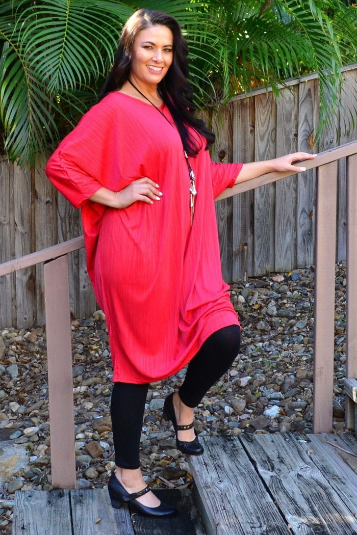 Red ribbed oversized tunic dress by Lilia Whispers, featuring a relaxed fit and free size design, shown on a model.