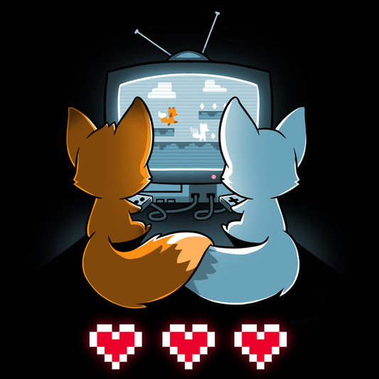 Premium Cotton T-shirt_TeeTurtle black Fur the Love of Gaming featuring two foxes playing video games in front of a television with three red pixel hearts below.