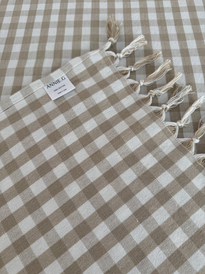Checkered bone and white Gingham Cotton Tablecloth with fringe ends and hemmed sides with brand label - ANNIE.G