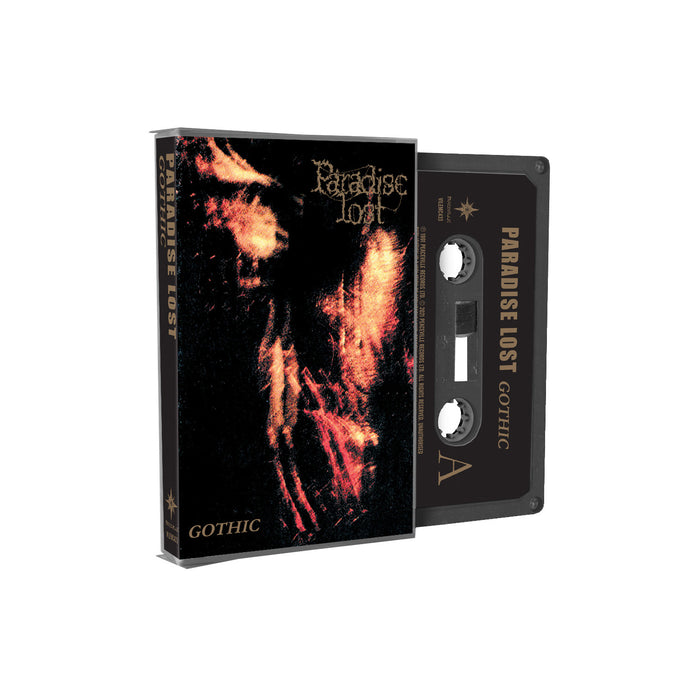 A limited cassette tape and case from Paradise Lost, featuring the Gothic album cover with a dark, fiery figure and gold text—a must-have collectible for fans of Gothic Doom Metal.