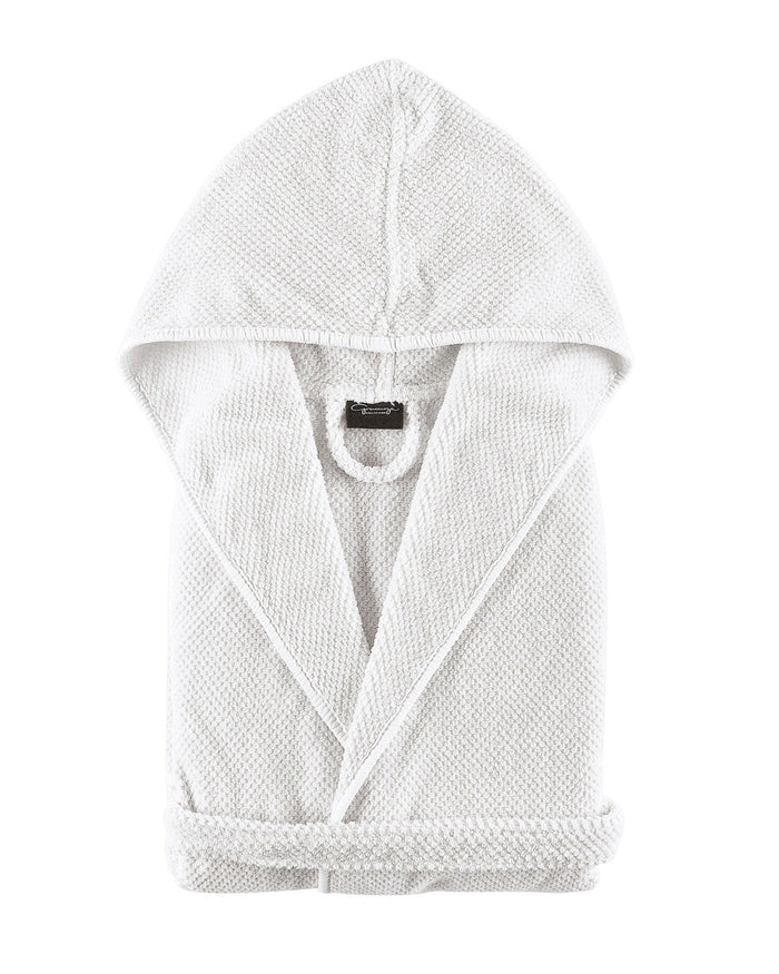 Folded white cotton waffle Kids Bath Robe with hood and hanging loop - ANNIE.G
