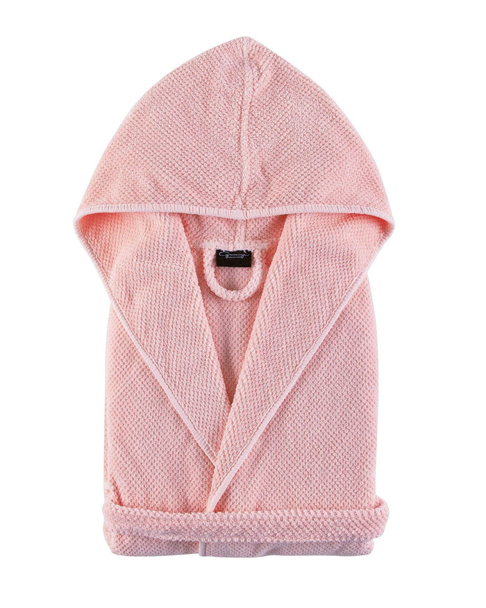 Folded pink kids size cotton Waffle Kids Bath Robe with hood, belt and hanging loop - ANNIE.G